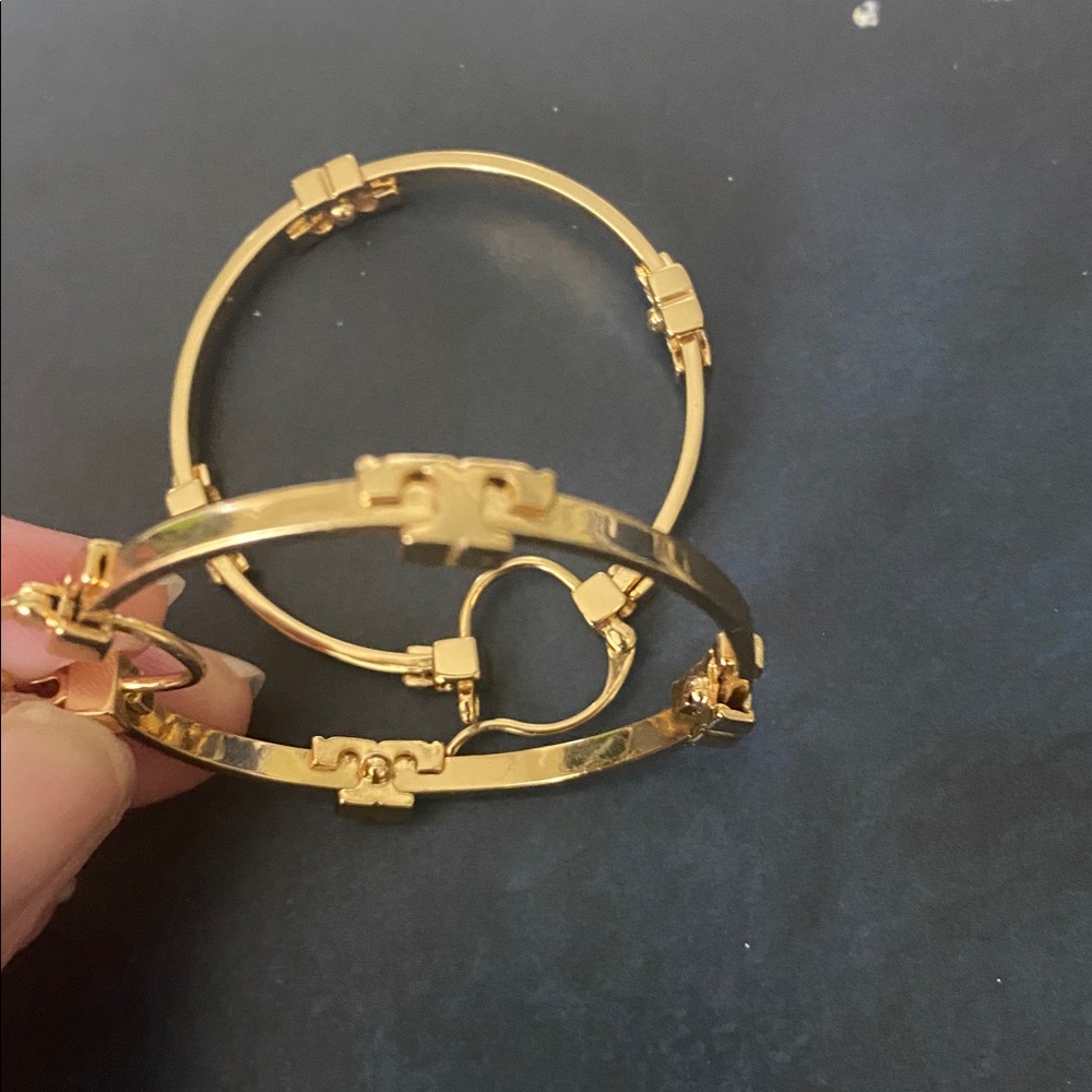 Gold Tone Hoop Earrings with Decorative Accents - Women Jewelry - Picture 2 of 3